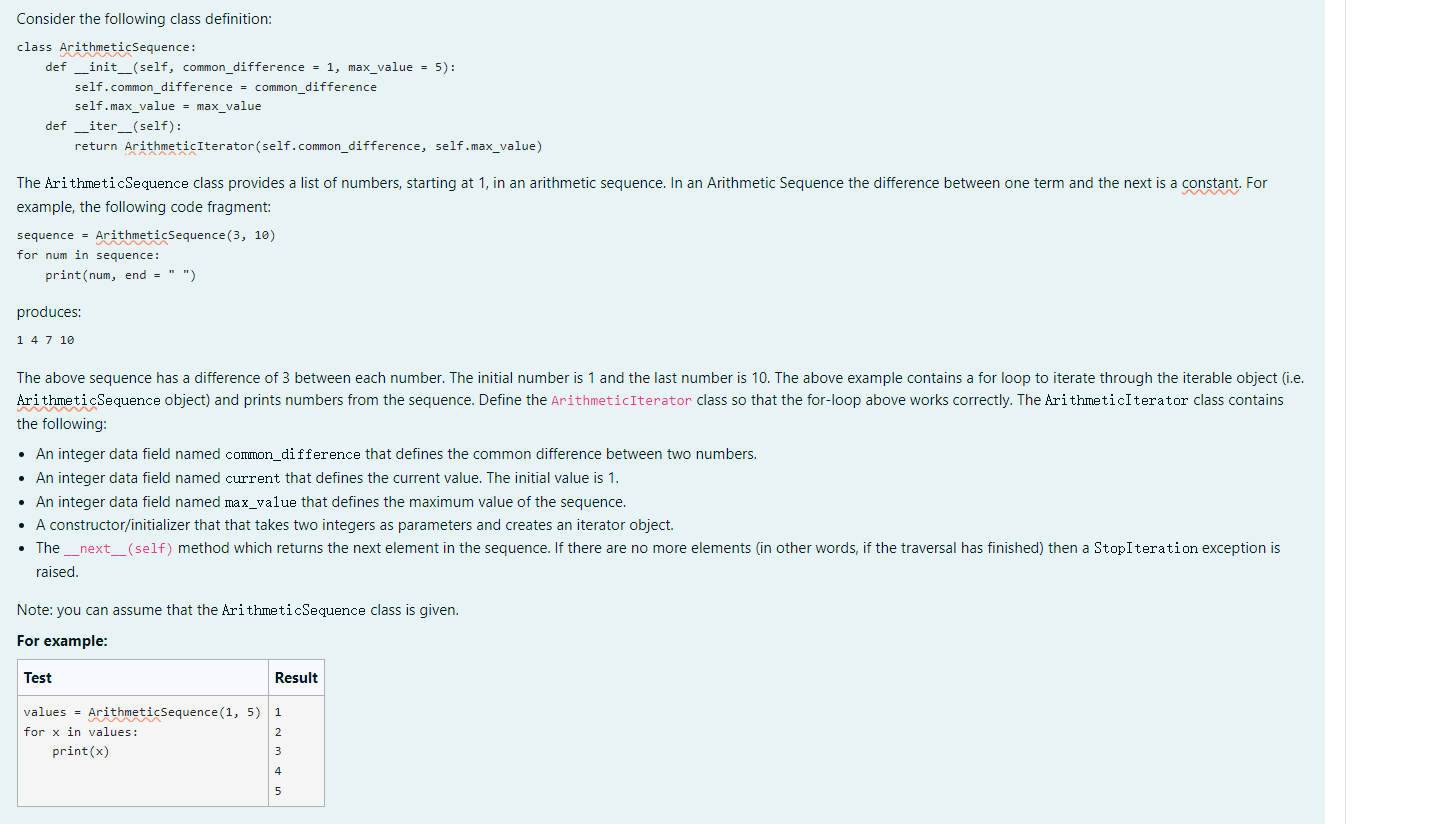 Consider The Following Class Definition Class Arithmeticsequence Def Init Self Common Difference 1 Max Value 1