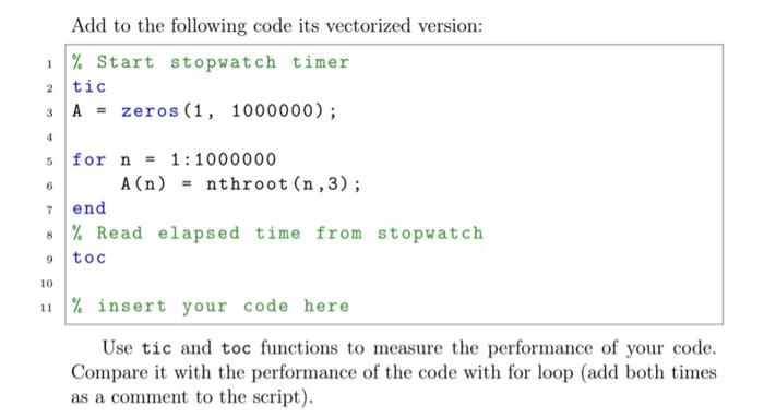 Add To The Following Code Its Vectorized Version 1 Start Stopwatch Timer Tic A Zeros 1 1000000 2 3 4 6 7 For N 1
