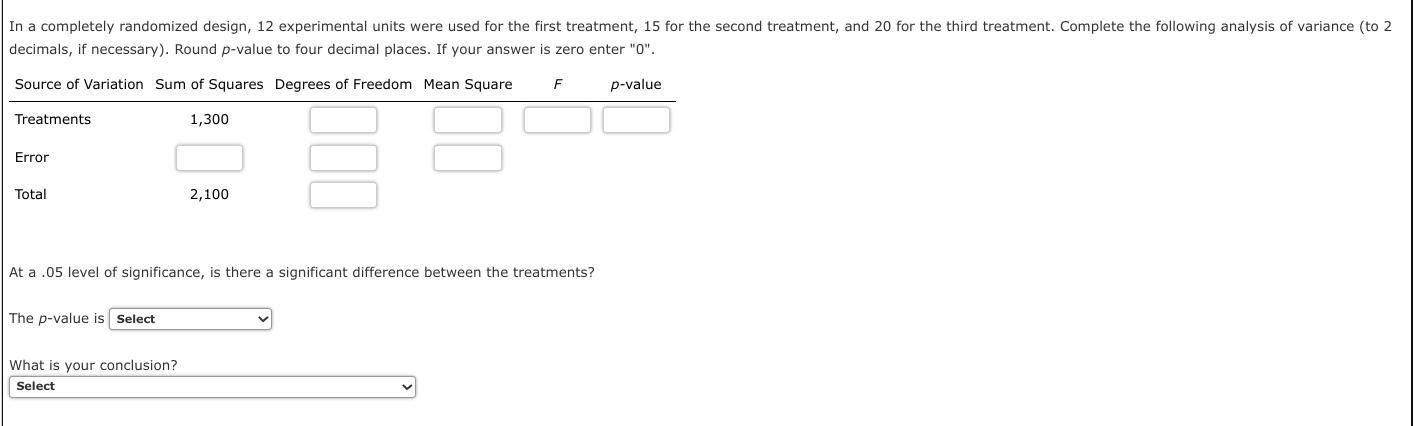 Variance To 2 In A Completely Randomized Design 12 Experimental Units Were Used For The First Treatment 15 For The Se 1