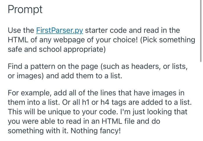 Prompt Use The Firstparser Py Starter Code And Read In The Html Of Any Webpage Of Your Choice Pick Something Safe And 1