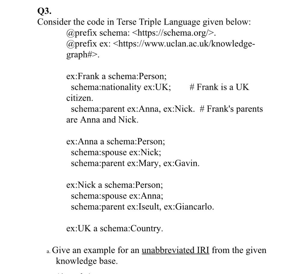 Q3 Consider The Code In Terse Triple Language Given Below Prefix Schema Https Schema Org Prefix Ex Https 1