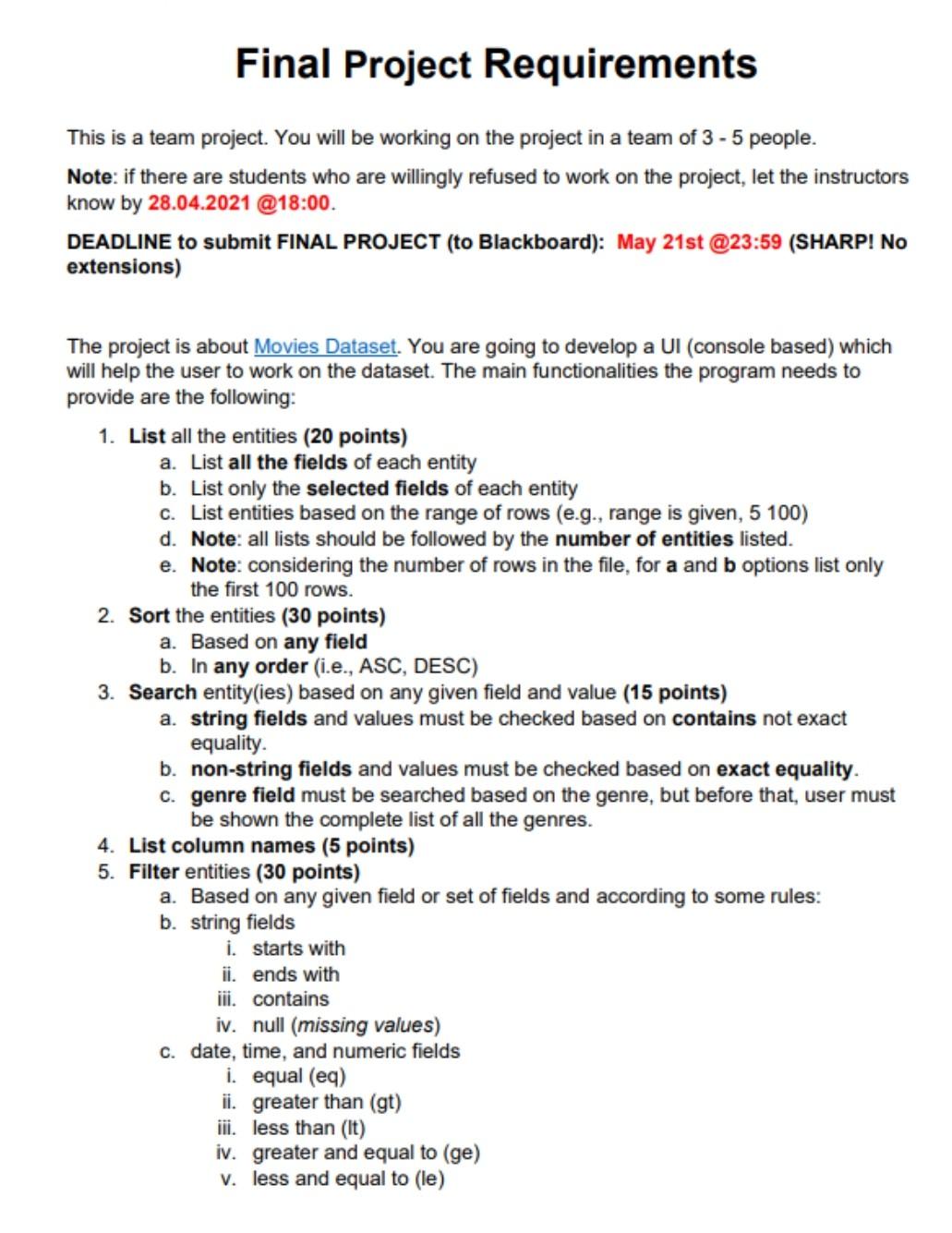 Final Project Requirements This Is A Team Project You Will Be Working On The Project In A Team Of 3 5 People Note I 1