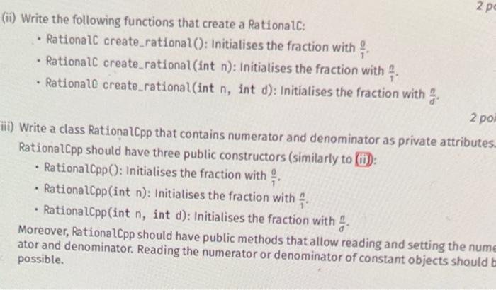 2 Pe Ii Write The Following Functions That Create A Rationalc Rational Create Rational Initialises The Fraction 1