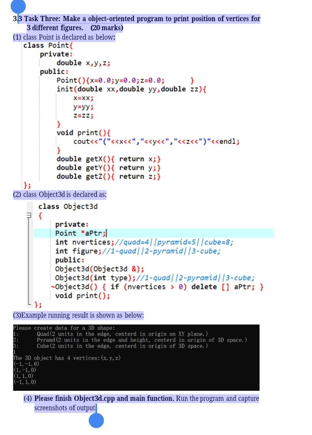 3 3 Task Three Make A Object Oriented Program To Print Position Of Vertices For 3 Different Figures 20 Marks 1 Cla 1