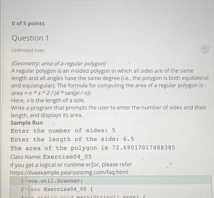 0 Of 5 Points Question 1 Unlimited Tries Geometry Area Of A Regular Polygon A Regular Polygon Is An N Sided Polygon I 1