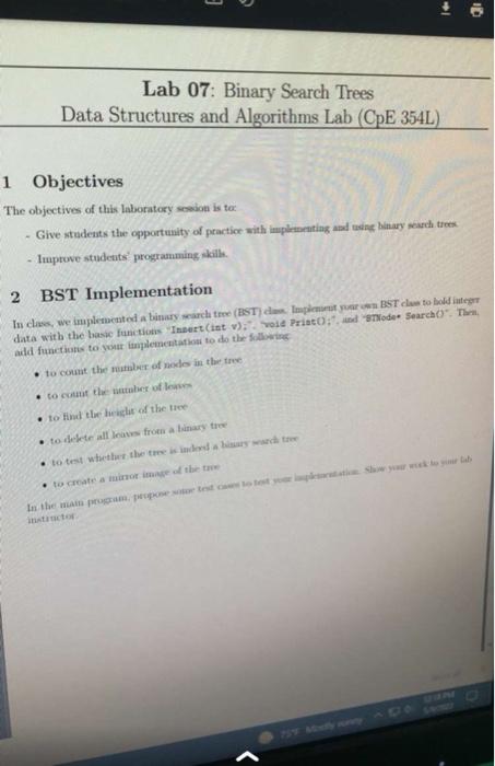 Lab 07 Binary Search Trees Data Structures And Algorithms Lab Cpe 354l 1 Objectives The Objectives Of This Laboratory 1