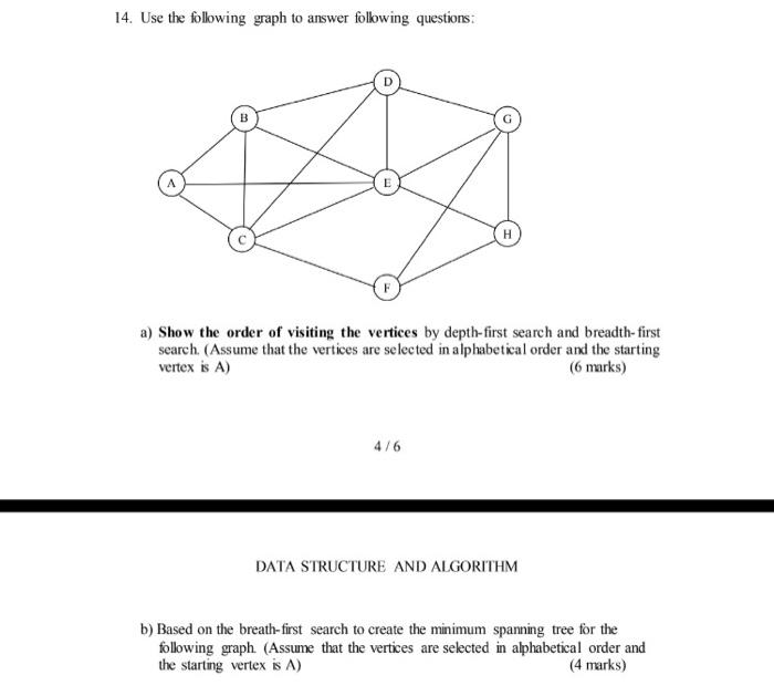 14 Use The Following Graph To Answer Following Questions G H A Show The Order Of Visiting The Vertices By Depth First 1