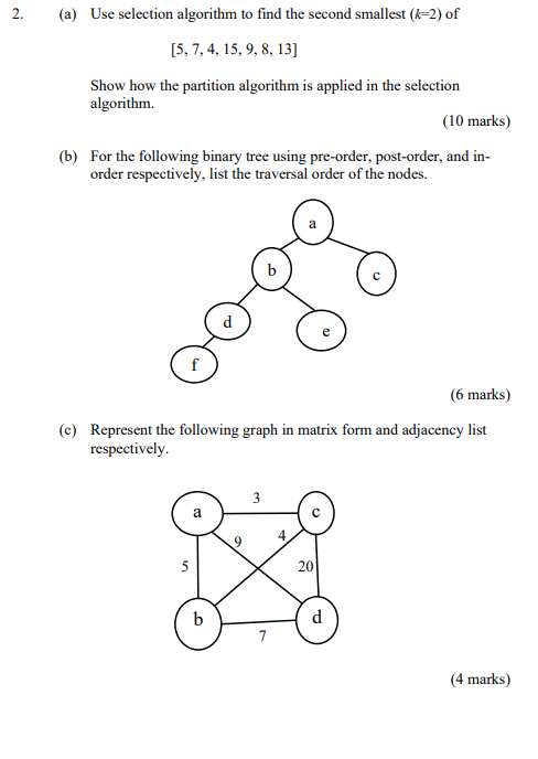 A Use Selection Algorithm To Find The Second Smallest K 2 Of 5 7 4 15 9 8 13 Show How The Partition Algorith 1