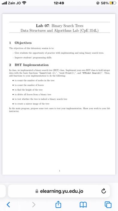 11 Zain Jo 12 49 58 Lab 07 Binary Search Trees Data Structures And Algorithms Lab Cpe 350l 1 Objectives The Object O 1