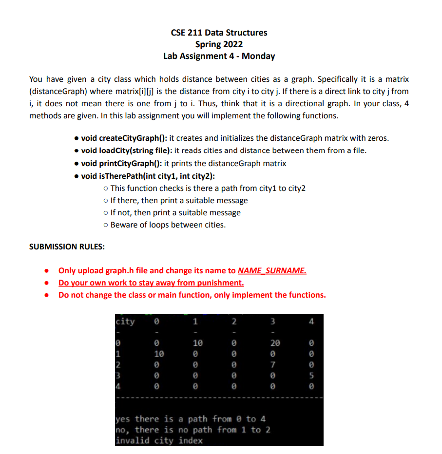 Cse 211 Data Structures Spring 2022 Lab Assignment 4 Monday You Have Given A City Class Which Holds Distance Between C 1
