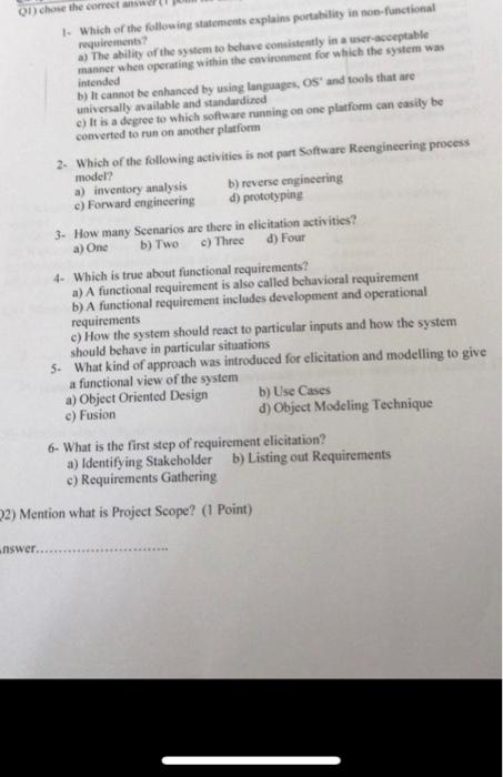 01 Chose The Correct Ans 1 Which Of The Following Statements Explains Portability In Non Functional Requirements The 1