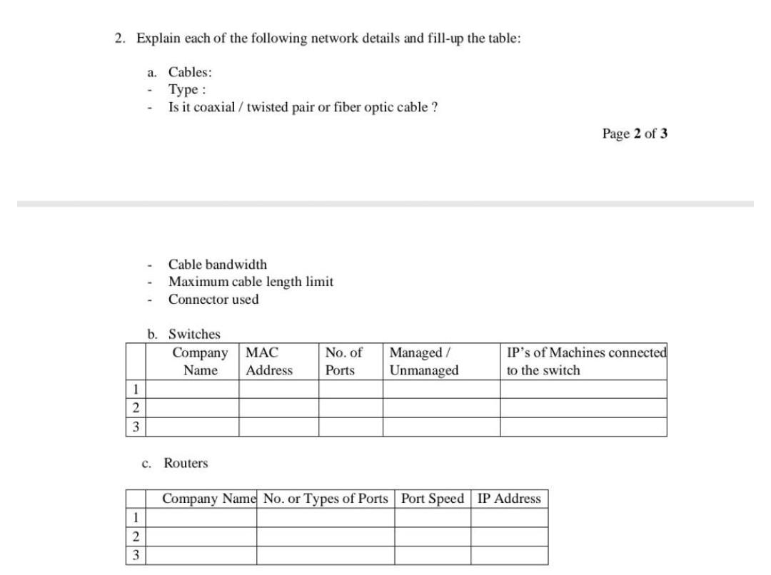 2 Explain Each Of The Following Network Details And Fill Up The Table A Cables Type Is It Coaxial Twisted Pair O 1