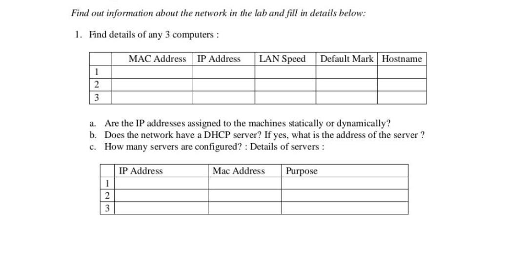 Find Out Information About The Network In The Lab And Fill In Details Below 1 Find Details Of Any 3 Computers Mac Ad 1