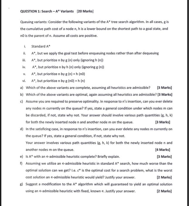 Question 1 Search A Variants 20 Marks Queuing Variants Consider The Following Variants Of The A Tree Search Algor 1