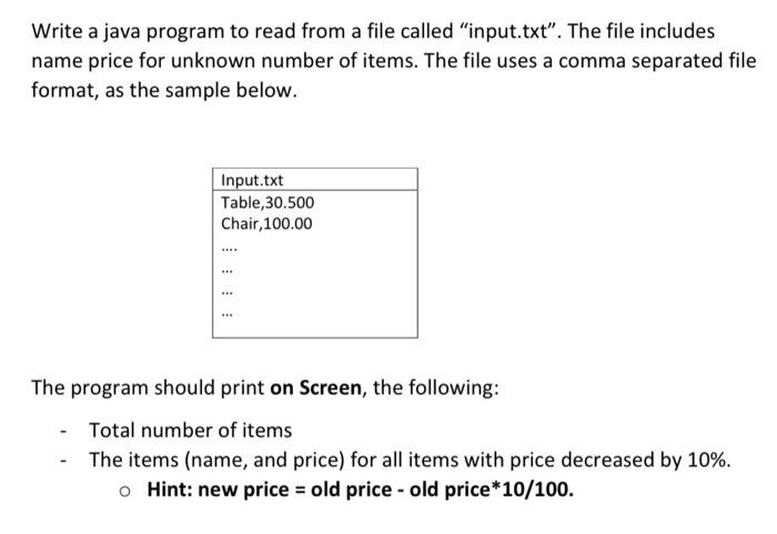 Write A Java Program To Read From A File Called Input Txt The File Includes Name Price For Unknown Number Of Items T 1