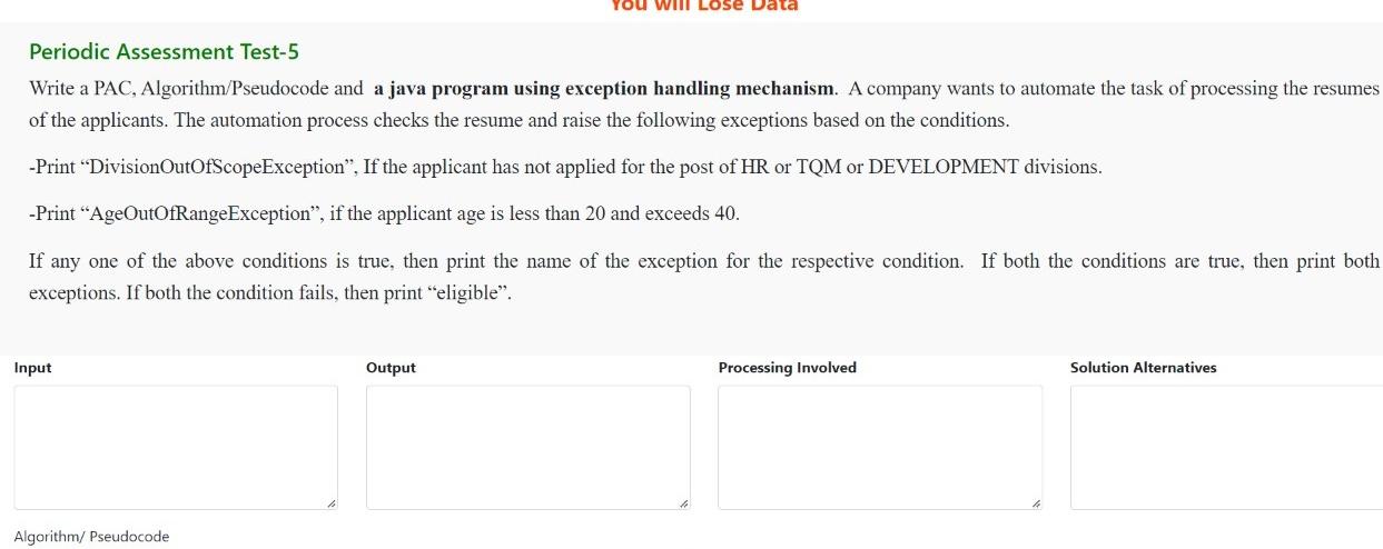 Niii Lose Data Periodic Assessment Test 5 Write A Pac Algorithm Pseudocode And A Java Program Using Exception Handling 1