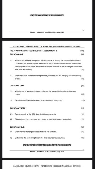 End Of Marketing 2 Assignment Regent Business School Ros 2021 Bachelor Of Commerce Year Academic And Assessment Calen 6