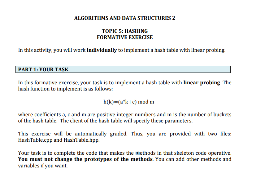 Algorithms And Data Structures 2 Topic 5 Hashing Formative Exercise In This Activity You Will Work Individually To Imp 1