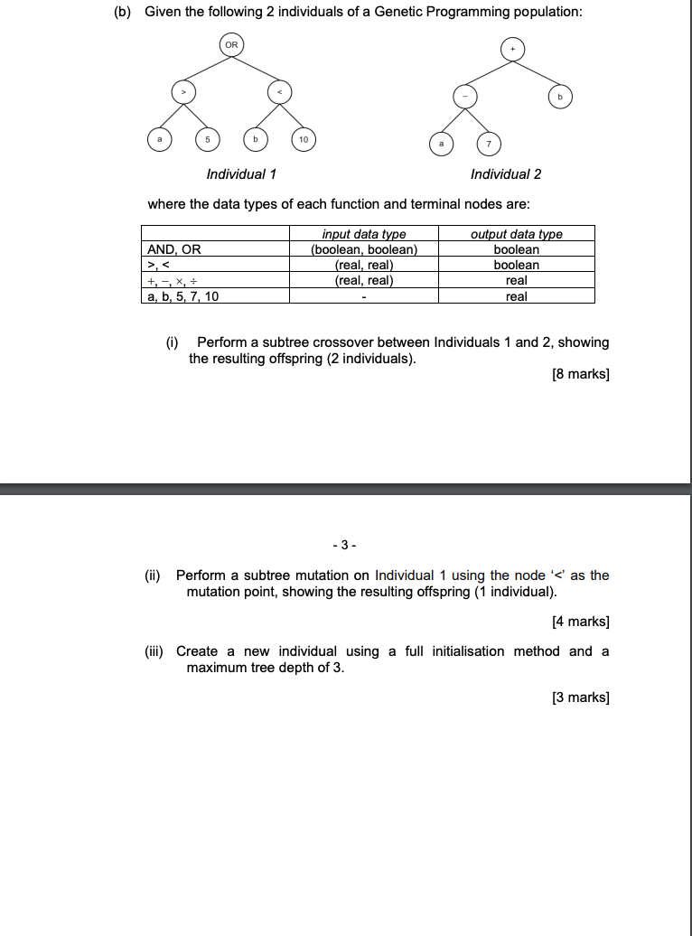 B Given The Following 2 Individuals Of A Genetic Programming Population Individual 1 Individual 2 Where The Data Type 1