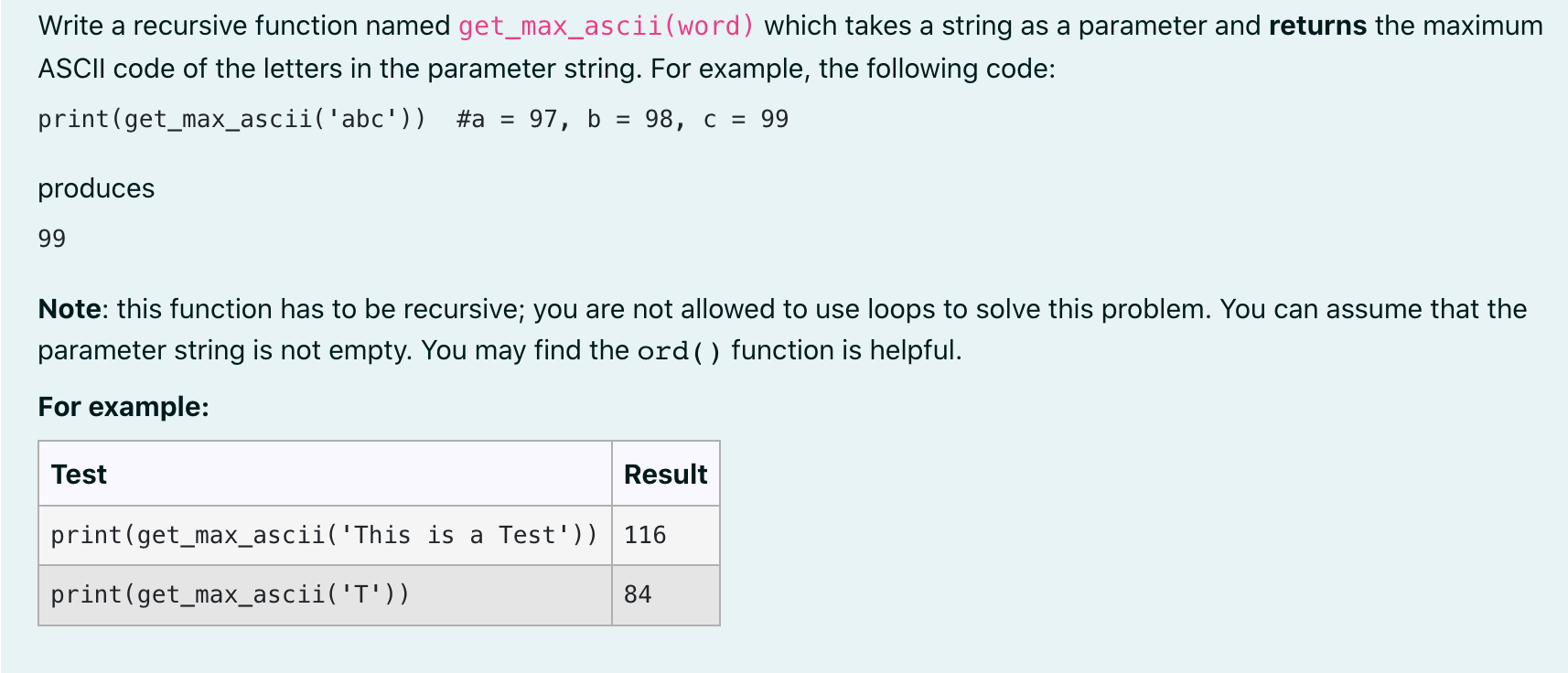 Write A Recursive Function Named Get Max Ascii Word Which Takes A String As A Parameter And Returns The Maximum Ascii C 1