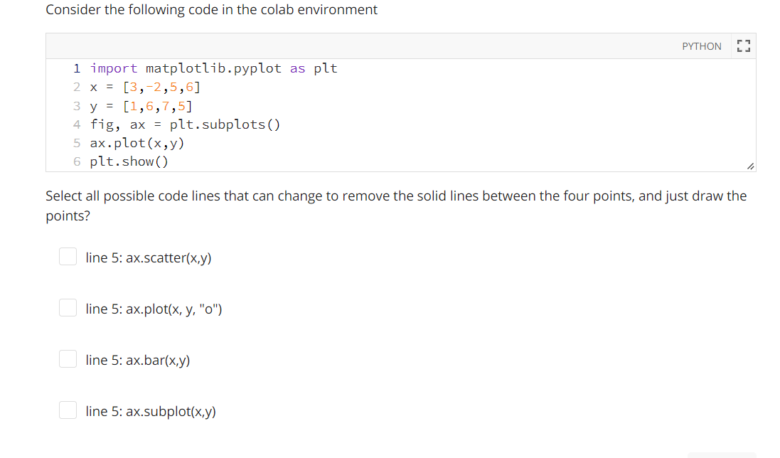 Consider The Following Code In The Colab Environment Python 1 Import Matplotlib Pyplot As Plt 2 X 3 2 5 6 3 Y 1 1
