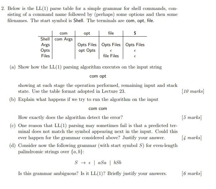 2 Below Is The Ll 1 Parse Table For A Simple Grammar For Shell Commands Con Sisting Of A Command Name Followed By P 1