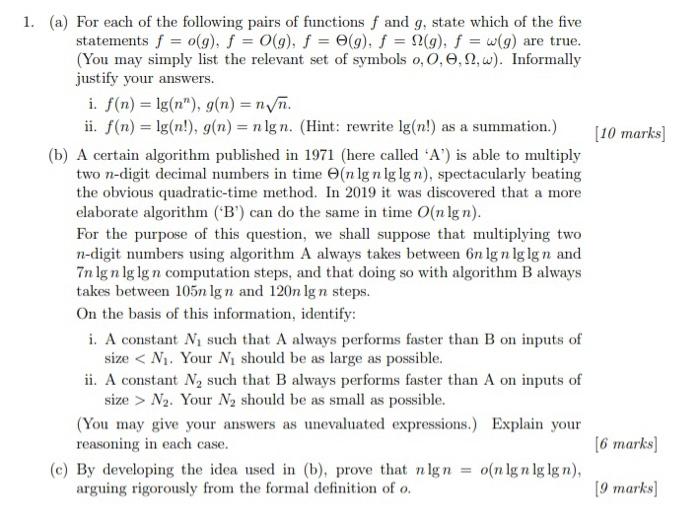 10 Marks 1 A For Each Of The Following Pairs Of Functions F And G State Which Of The Five Statements F O 9 F 1