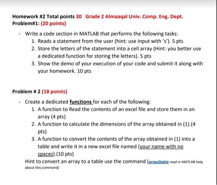 Homework 2 Total Points 30 Grade 2 Almaaqal Univ Comp Eng Dept Problem 1 20 Points Write A Code Section In Matla 1