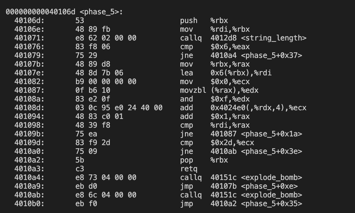 000000000040106d Phase 5 40106d 53 40106e 48 89 Fb 401071 E8 62 02 00 00 401076 83 F8 06 401079 75 29 40107b 48 1