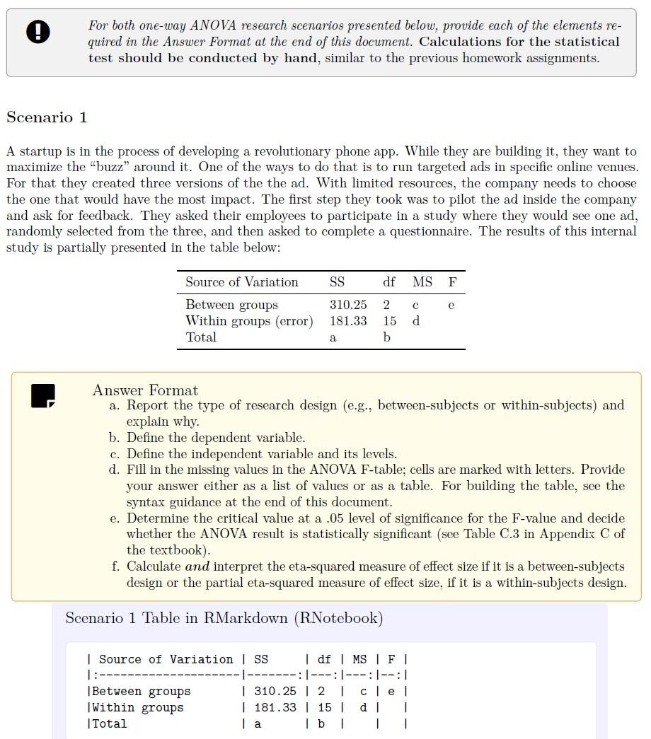 C For Both One Way Anova Research Scenarios Presented Below Provide Each Of The Elements Re Quired In The Answer Forma 1