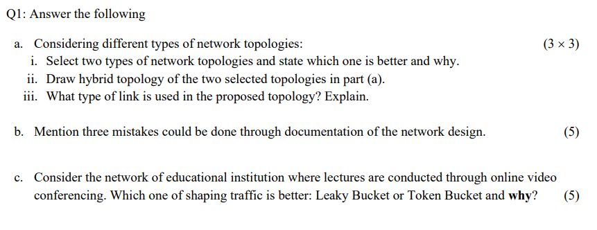 Q1 Answer The Following 3 X 3 A Considering Different Types Of Network Topologies I Select Two Types Of Network To 1