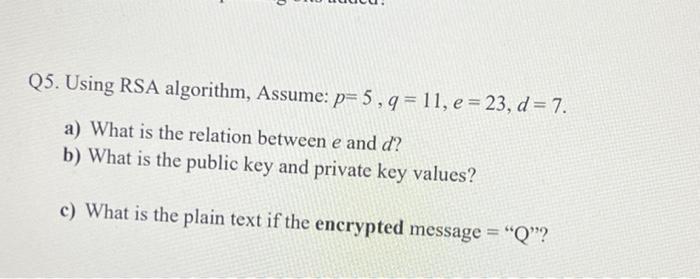 Q5 Using Rsa Algorithm Assume P 5 9 11 E 23 D 7 A What Is The Relation Between E And D B What Is The Publi 1