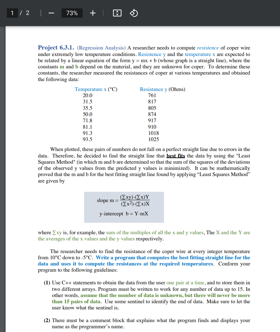 1 1 2 73 La O Project 6 3 1 Regression Analysis A Researcher Needs To Compute Resistence Of Coper Wire Under Extre 1