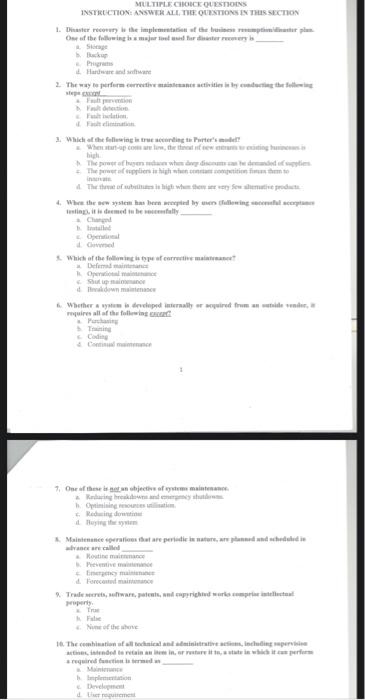 Multiple Choice Questions Instruction Answer All The Questions In This Section 1 Die Eers The Implement Them Of The Fo 2