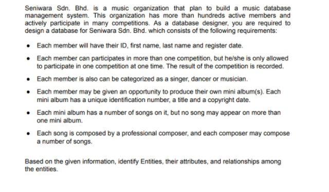 Seniwara Sdn Bhd Is A Music Organization That Plan To Build A Music Database Management System This Organization Has 1