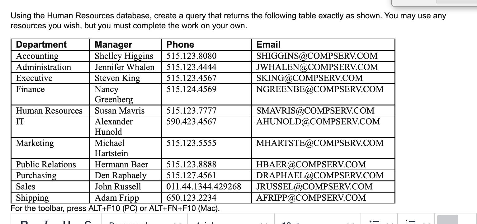 Using The Human Resources Database Create A Query That Returns The Following Table Exactly As Shown You May Use Any Re 1