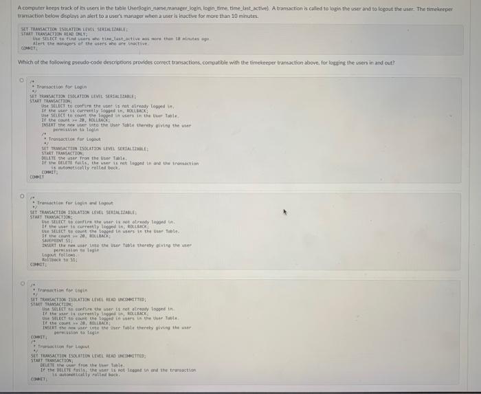 Acomputer Den Track Of Its Users In The Table Userlogin Name Manager Login Lopn Time Time Best Ctive A Transaction Cal 1