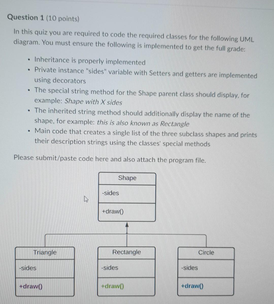 Question 1 10 Points In This Quiz You Are Required To Code The Required Classes For The Following Uml Diagram You Mus 1