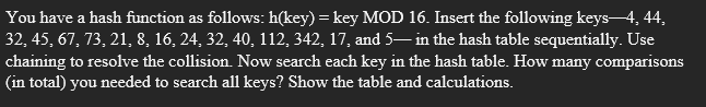 You Have A Hash Function As Follows H Key Key Mod 16 Insert The Following Keys4 44 32 45 67 73 21 8 16 24 1