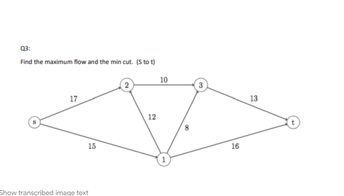 Q3 Find The Maximum Flow And The Min Cut S To T 10 3 17 13 12 8 15 16 1 Show Transcribed Image Text 1