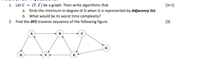 3 1 1 Let G V E Be A Graph Then Write Algorithms That A Finds The Minimum In Degree Of G When G Is Represented 1