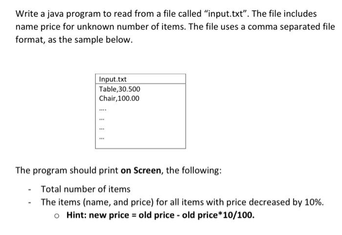 Write A Java Program To Read From A File Called Input Txt The File Includes Name Price For Unknown Number Of Items T 1