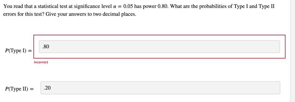 You Read That A Statistical Test At Significance Level A 0 05 Has Power 0 80 What Are The Probabilities Of Type I And 1