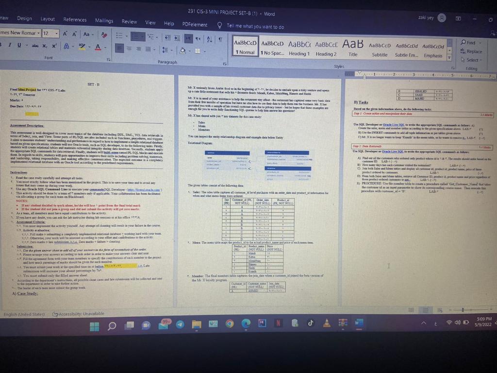 231 Cis 3 Mini Project Set B 1 Word Raw Design Layout References Za Yey Mailings Review View Help Pdfelement Tell Me 1
