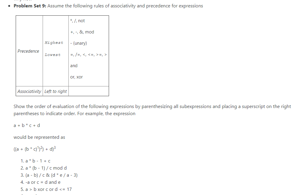 Problem Set 9 Assume The Following Rules Of Associativity And Precedence For Expressions Not Mod Highest 1