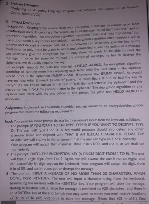 8 Problem Statement Designing An Assembly Language Program That Simulates The Operations Of Veram Cipher Scheme Vcs 1