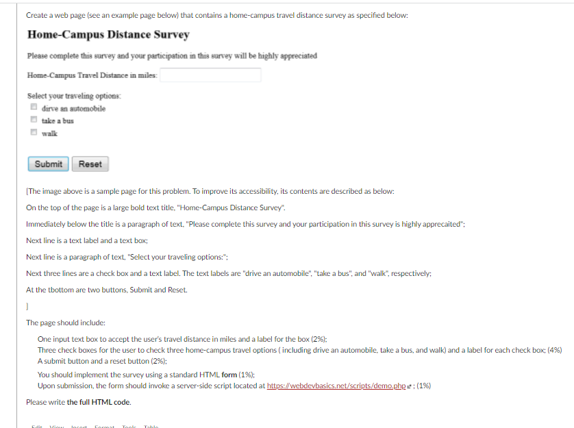 Create A Web Page See An Example Page Below That Contains A Home Campus Travel Distance Survey As Specified Below Hom 1