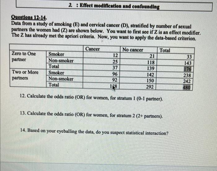 2 Effect Modification And Confounding Questions 12 14 Data From A Study Of Smoking E And Cervical Cancer D Strat 1