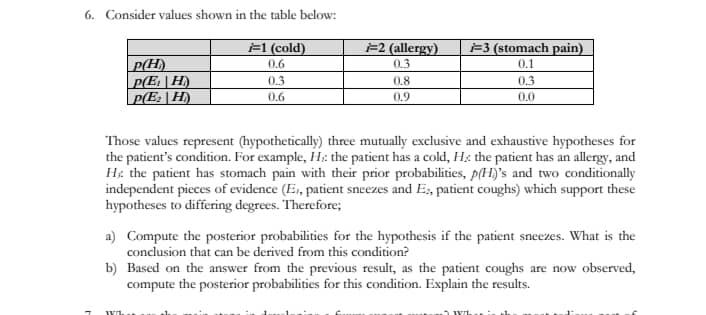 6 Consider Values Shown In The Table Below P H P Eh Peh 1 Cold 0 6 0 3 0 6 2 Allergy 03 0 8 0 9 3 Stomach P 1