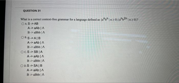 Question 31 What Is A Correct Context Free Grammar For A Language Defined As Ab N20 A 2nn 20j Oas Ab A Ab A 1